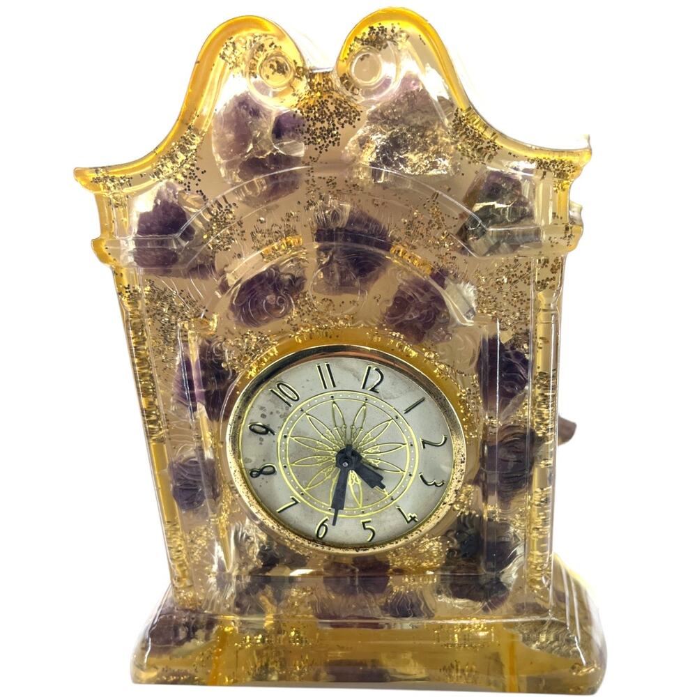 MCM 60's vintage vomit clock resin gold glitter embedded amethyst *Not working